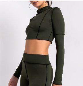 New! Army Green Contrast Stitch Long Sleeve Mock Neck Soft Crop Top Size Small